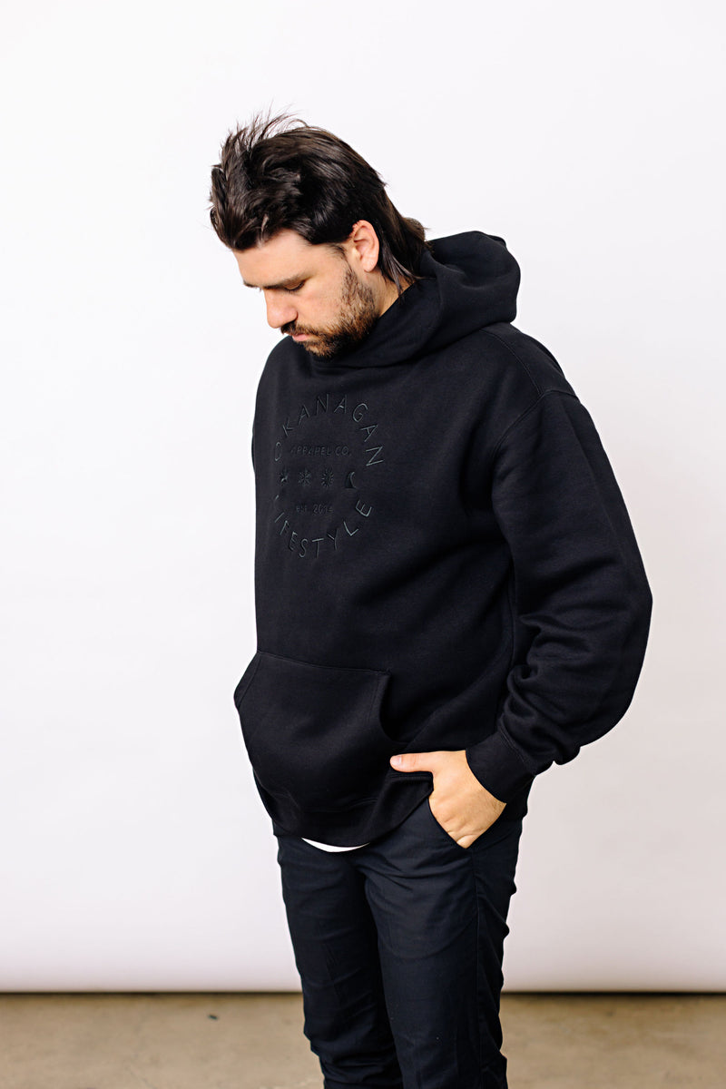 The classic Okanagan Lifestyle logo you love, on a hoodie. This oversize cut black on black hoody comes with an embroidered logo.