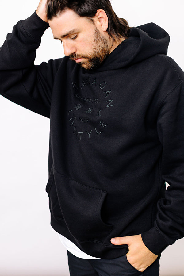 The classic Okanagan Lifestyle logo you love, on a hoodie. This oversize cut black on black hoody comes with an embroidered logo.