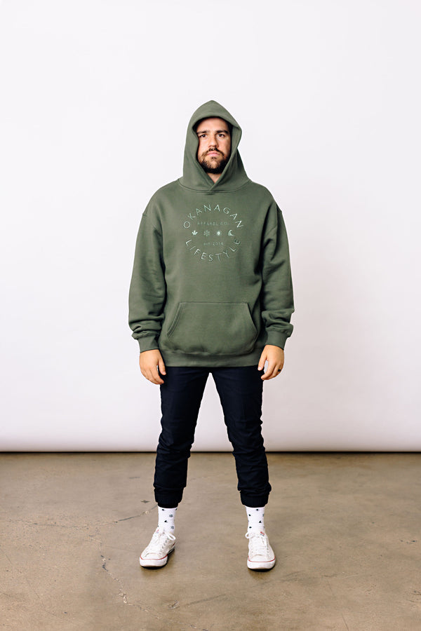 The classic Okanagan Lifestyle logo you love, on a hoodie. This oversize cut green on green hoody comes with an embroidered logo.