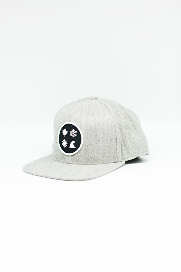 The Okanagan Lifestyle 4 Icons you love, embroidered on our favorite flat brimmed grey snapback. Great for any adventure.