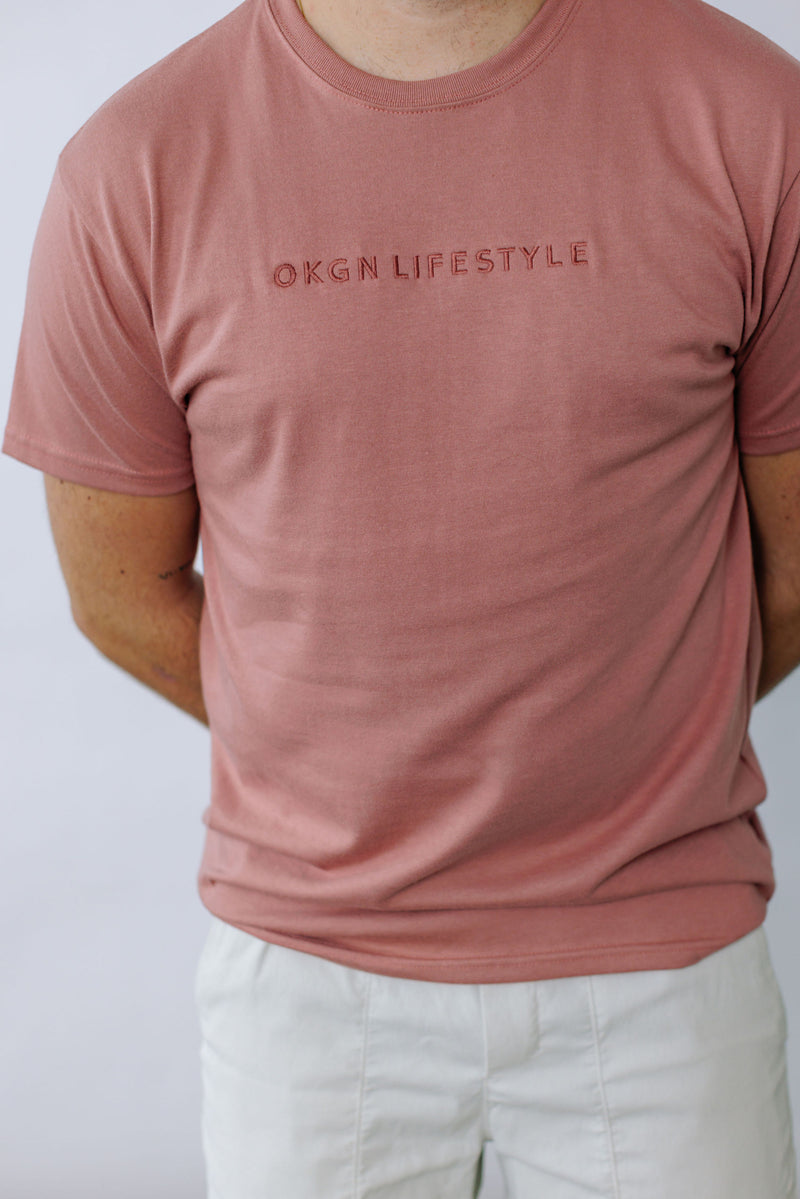 Soft Cotton Blend t-shirt with our OKGNLIFESTYLE moniker embroidered in dusty rose, tone on tone