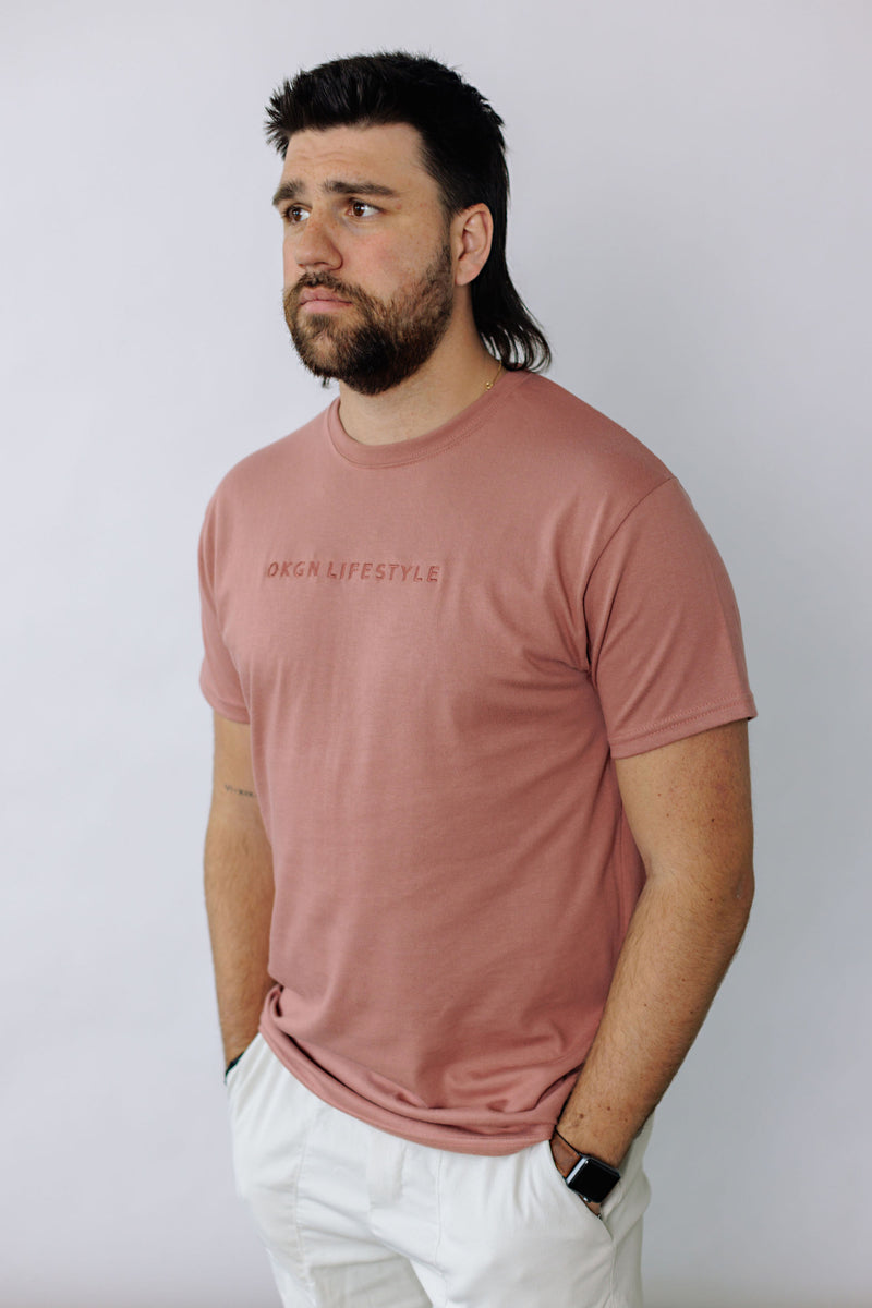 Soft Cotton Blend t-shirt with our OKGNLIFESTYLE moniker embroidered in dusty rose, tone on tone